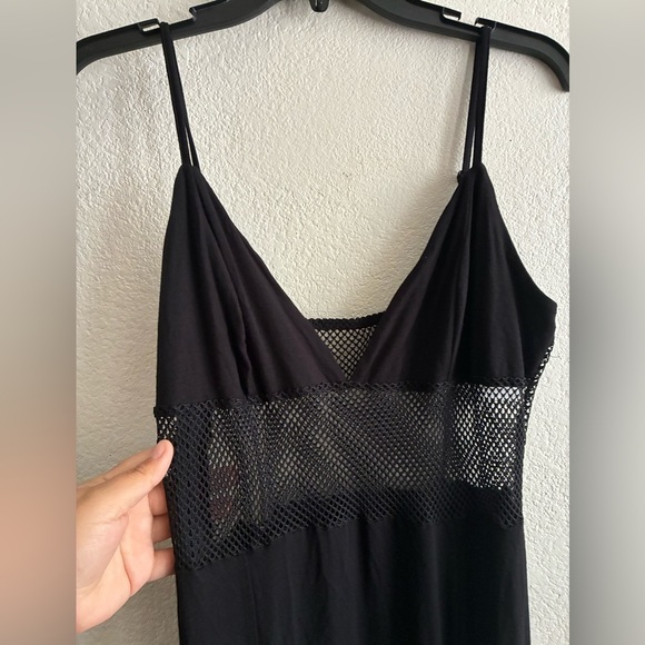 🆕ROMWE Black Contrast Mesh Lace Up Front Split Thigh Cami Dress L🆕 - Picture 5 of 14